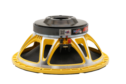 High-power yellow subwoofer with a cast aluminum frame, dual push terminals, and large magnet structure, designed for professional audio and deep bass performance.